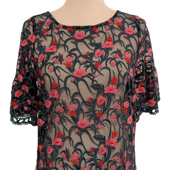 Moulinette Soeurs Womens Size S Green Pink Floral Embroidered Mesh Tunic Dress - Picture 5 of 11